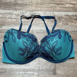 Victoria's Secret 34D Teal & Blue Floral Lace Very Sexy Plunge Bra Underwire